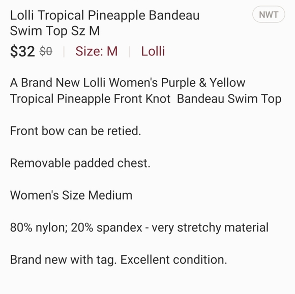 Lolli Tropical Pineapple Bandeau Swim Top Sz M - Picture 7 of 7